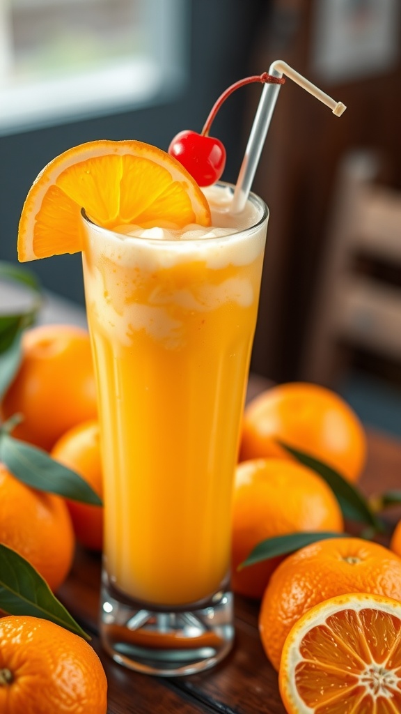 A creamy orange cocktail in a glass, garnished with an orange slice and cherry, on a rustic wooden table.